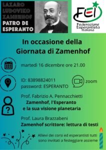 Locandina dell'evento zoom del 16/12/2025 dedicato a Zamenhof, il creatore dell'esperanto